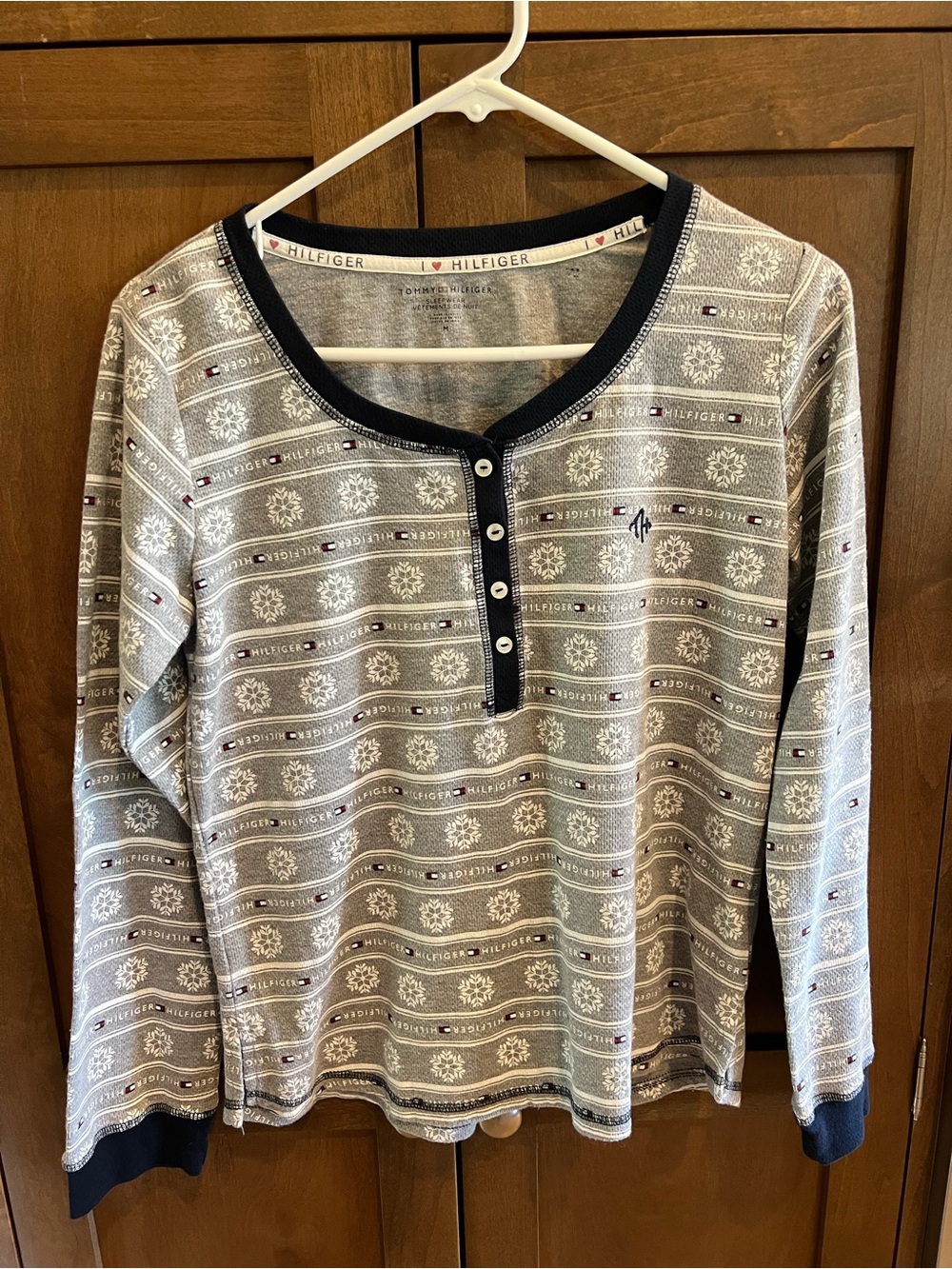 Winter Pajama Henley Long Sleeve Top - Tommy Hilfiger Gray Snowflake Patterned